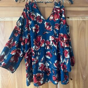 Floral V-Neck Women's Top - Blue and Red